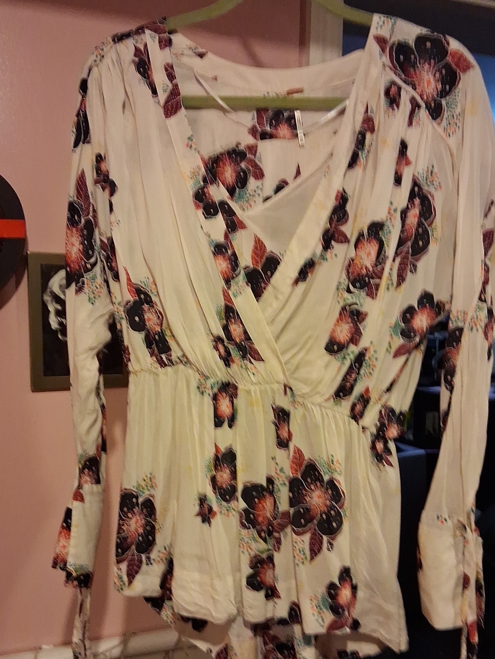 Free People Cream Floral Wrap Blouse with Black and Rust Accents